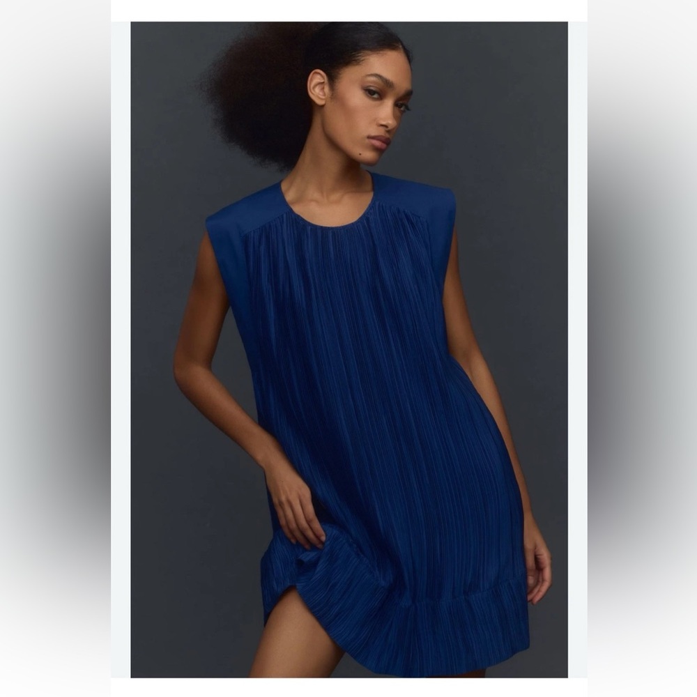 By Anthropologie Cap-Sleeve Plissé Mini Dress in Blue Size L